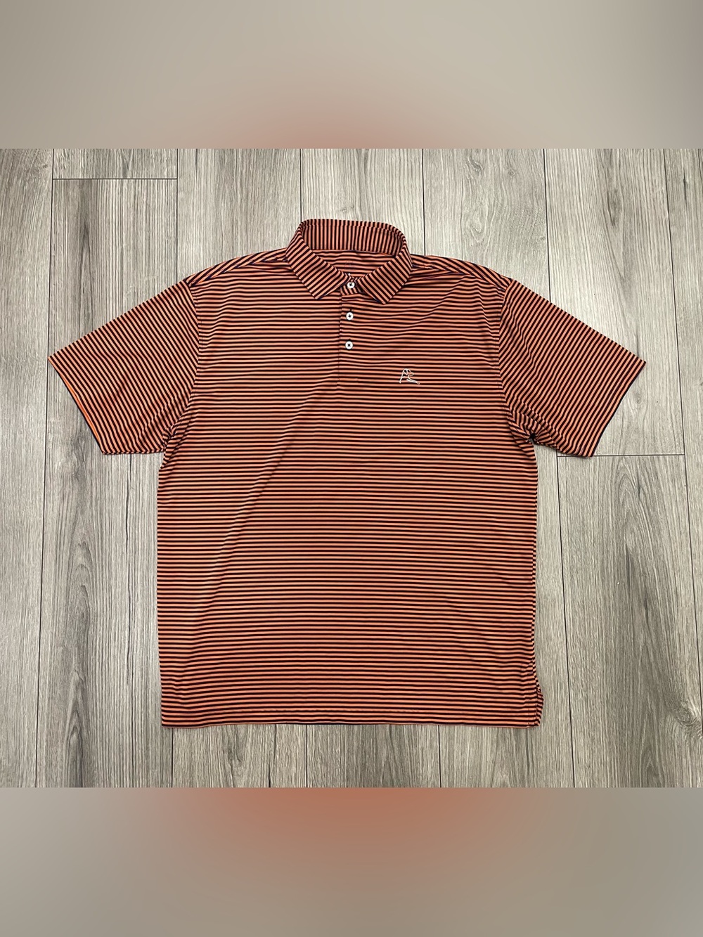 Rhoback Orange and Navy Striped Performance Golf Polo in size Large